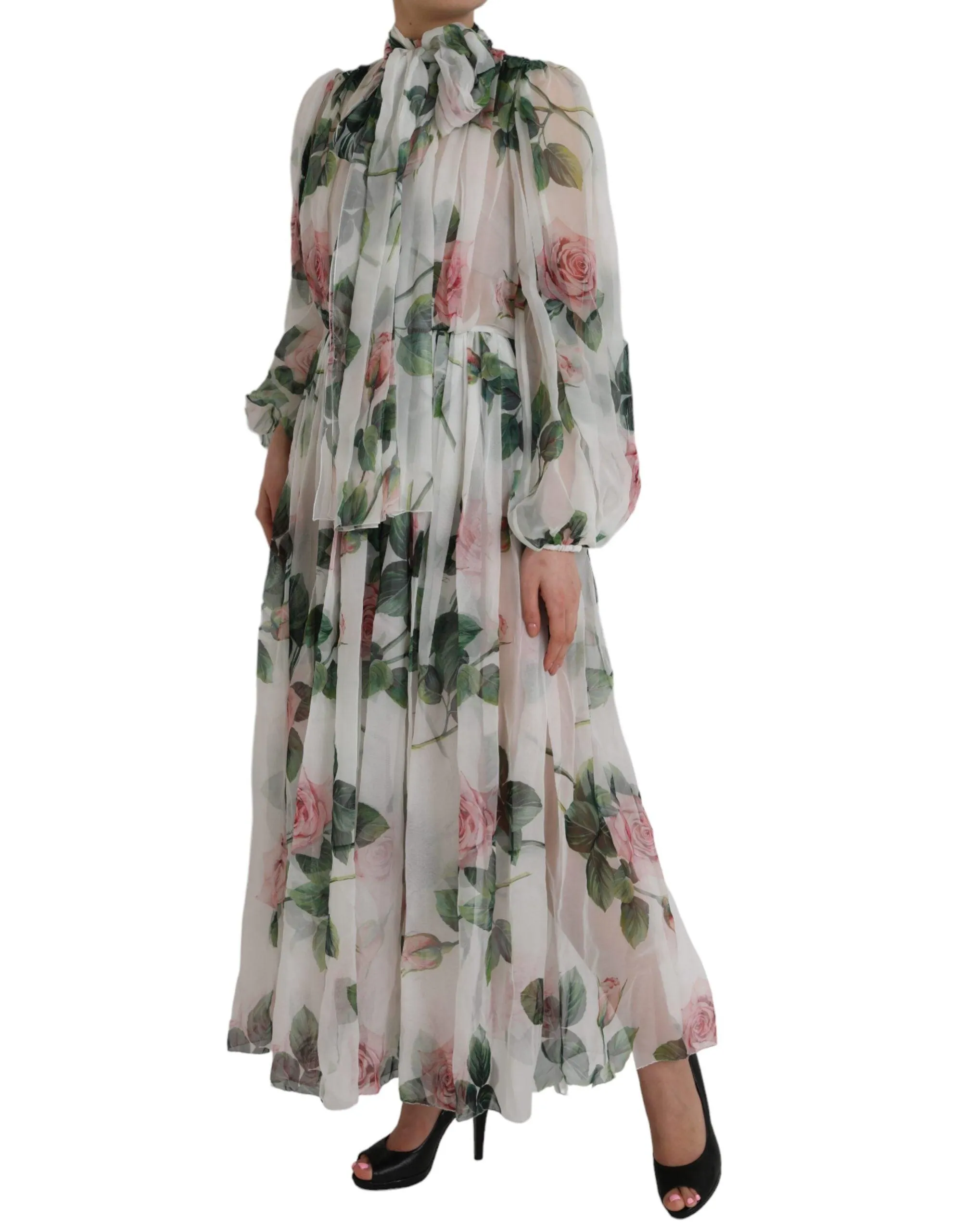 Dolce & Gabbana White Silk Floral Print Long Maxi Dress