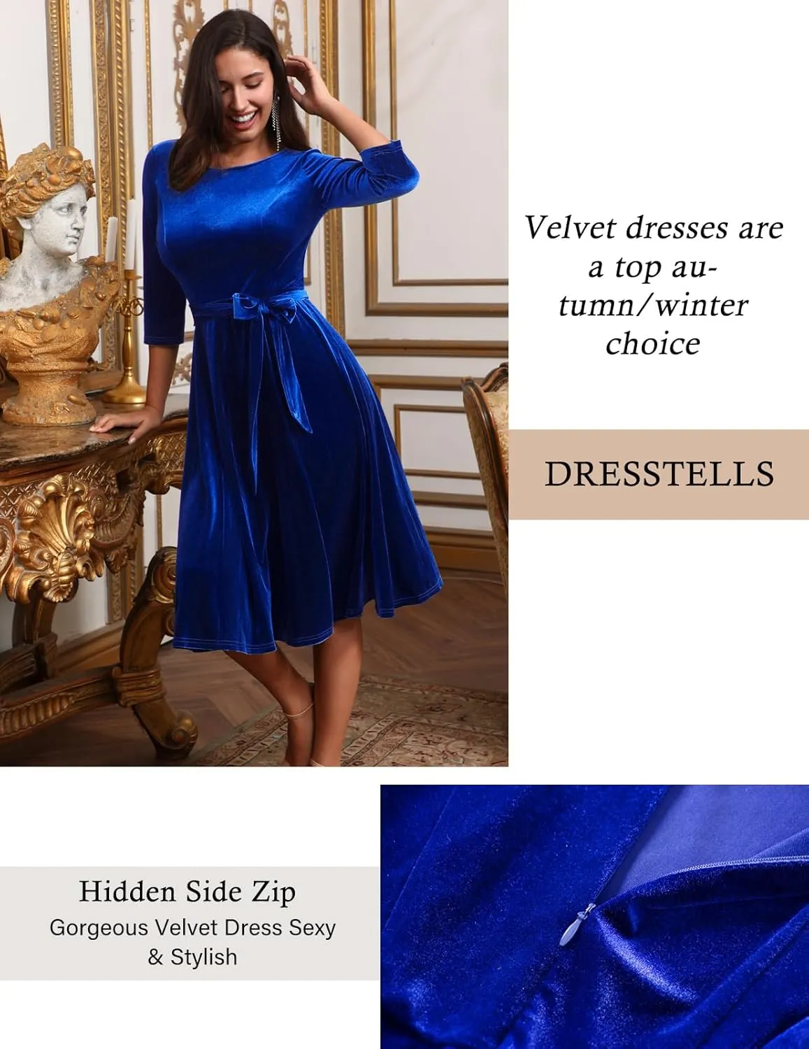 DRESSTELLS Velvet Cocktail Dress for Women, 2024 Winter Christmas Holiday Dress, 3/4 Long Sleeves Party Formal Dress