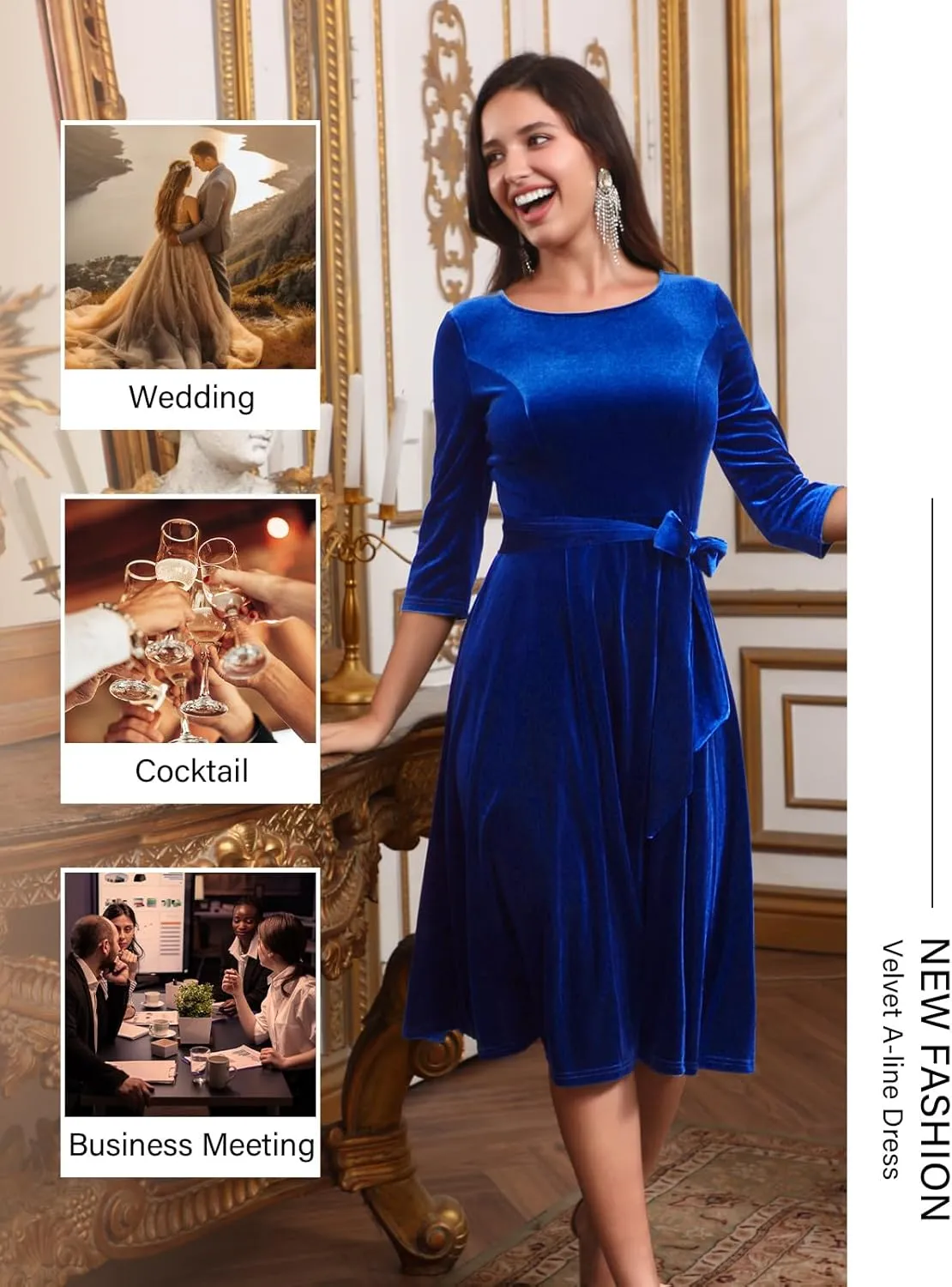 DRESSTELLS Velvet Cocktail Dress for Women, 2024 Winter Christmas Holiday Dress, 3/4 Long Sleeves Party Formal Dress
