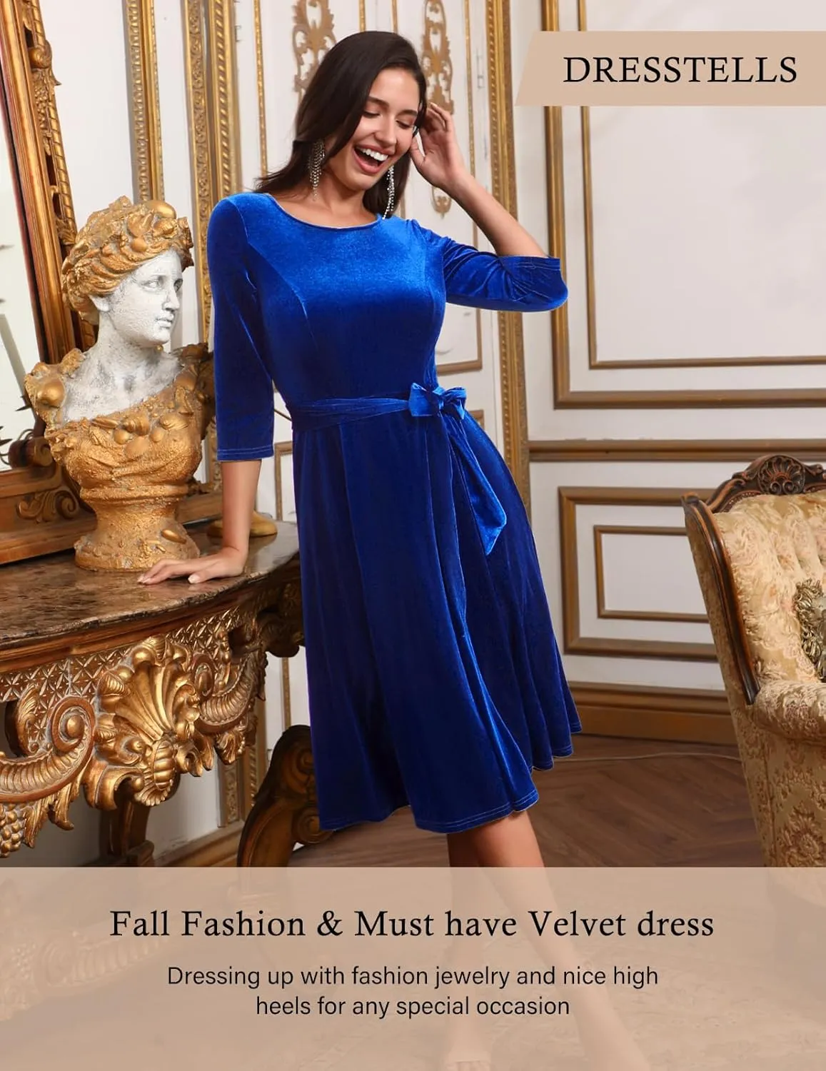 DRESSTELLS Velvet Cocktail Dress for Women, 2024 Winter Christmas Holiday Dress, 3/4 Long Sleeves Party Formal Dress