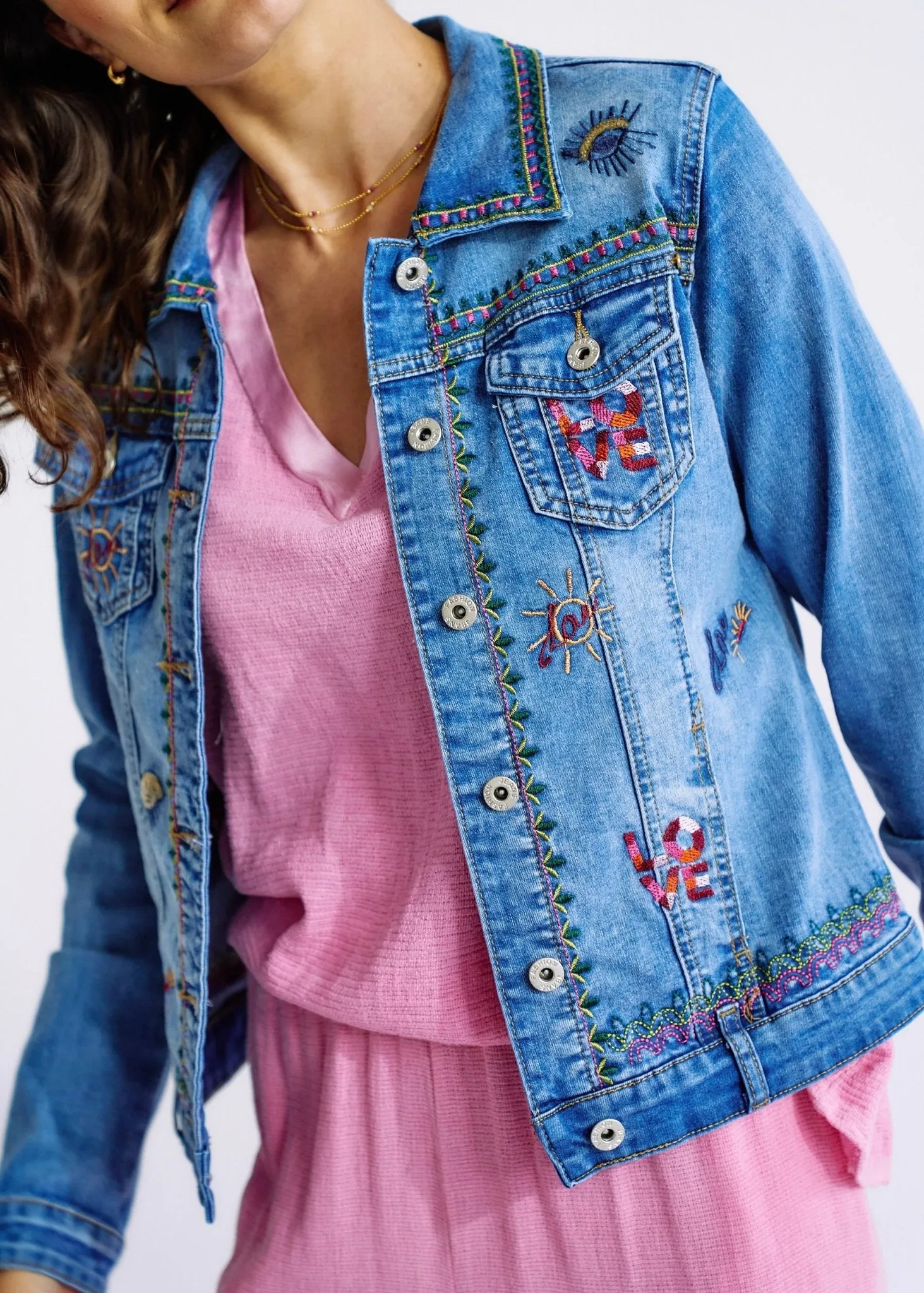 Embroidered Denim Love Jacket in Blue
