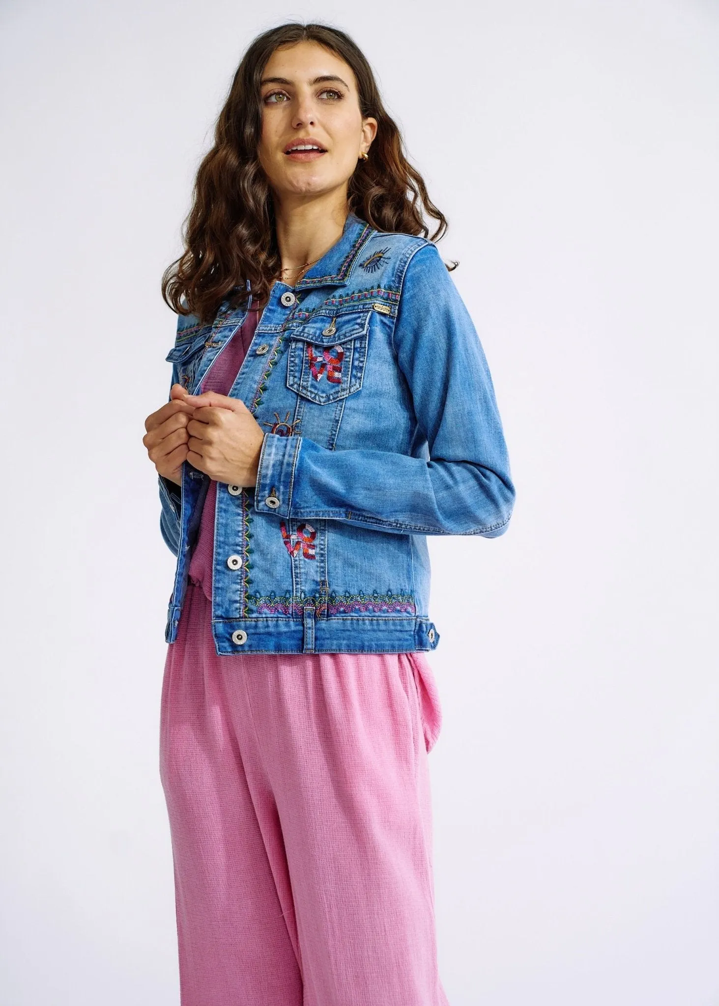 Embroidered Denim Love Jacket in Blue
