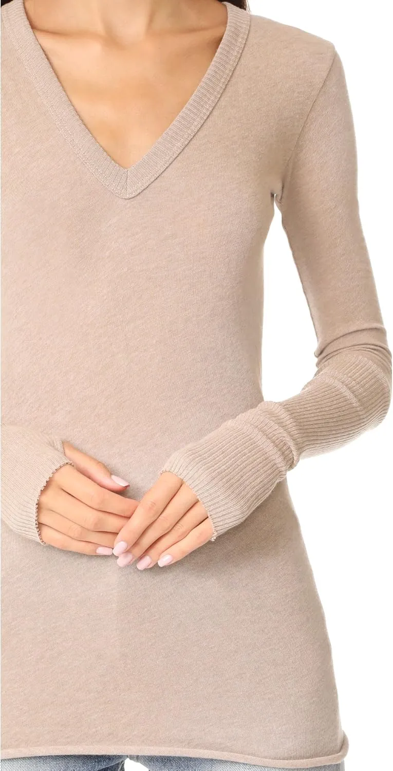 Enza Costa Womens Cashmere Blend Cuffed V-Neck Top with Thumbholes