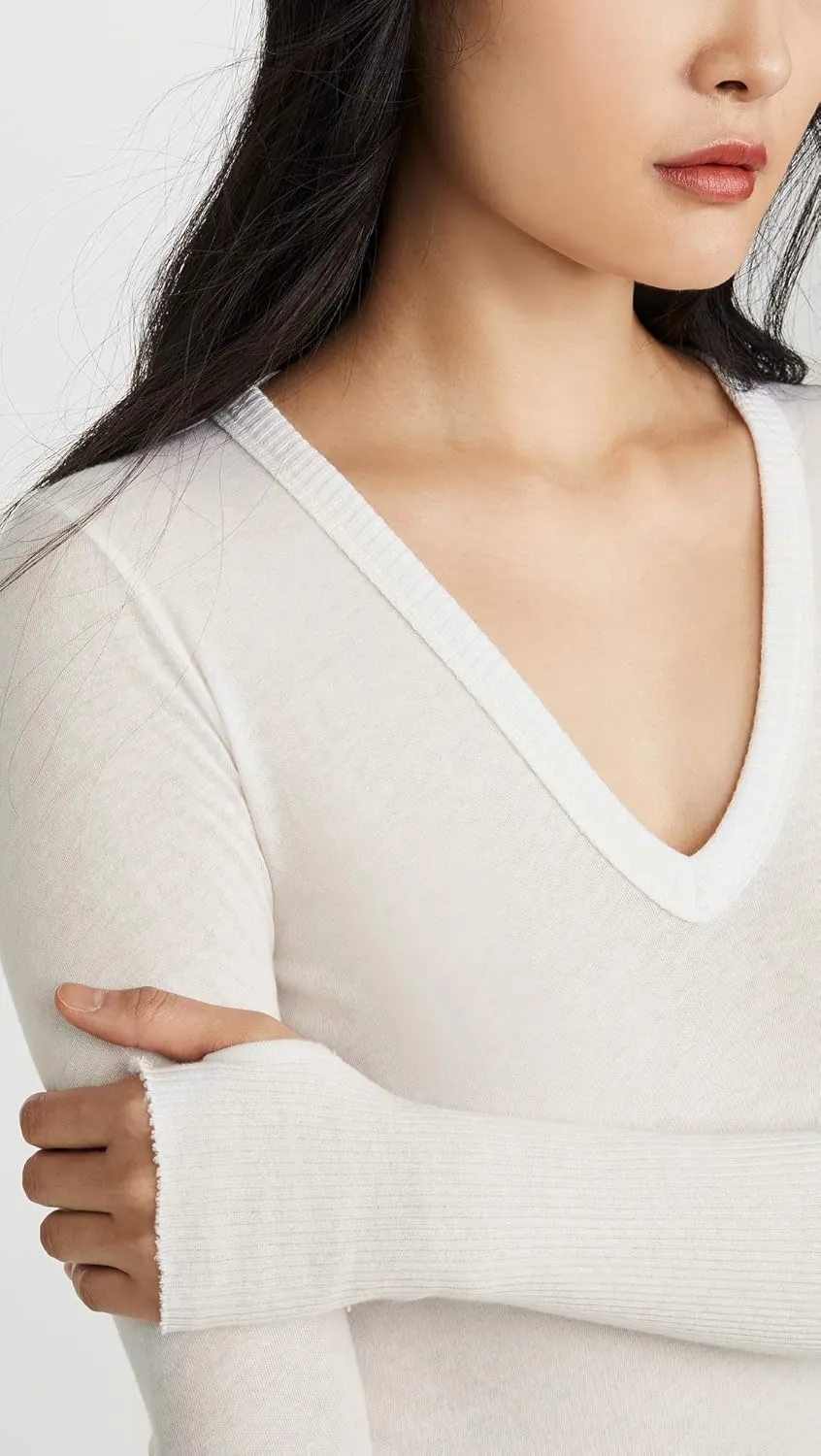Enza Costa Womens Cashmere Blend Cuffed V-Neck Top with Thumbholes