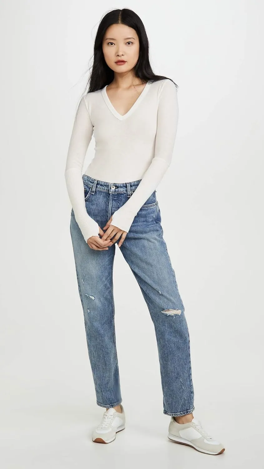 Enza Costa Womens Cashmere Blend Cuffed V-Neck Top with Thumbholes
