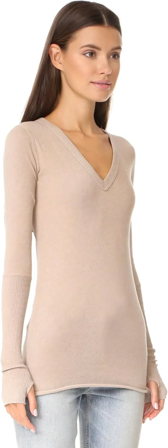 Enza Costa Womens Cashmere Blend Cuffed V-Neck Top with Thumbholes