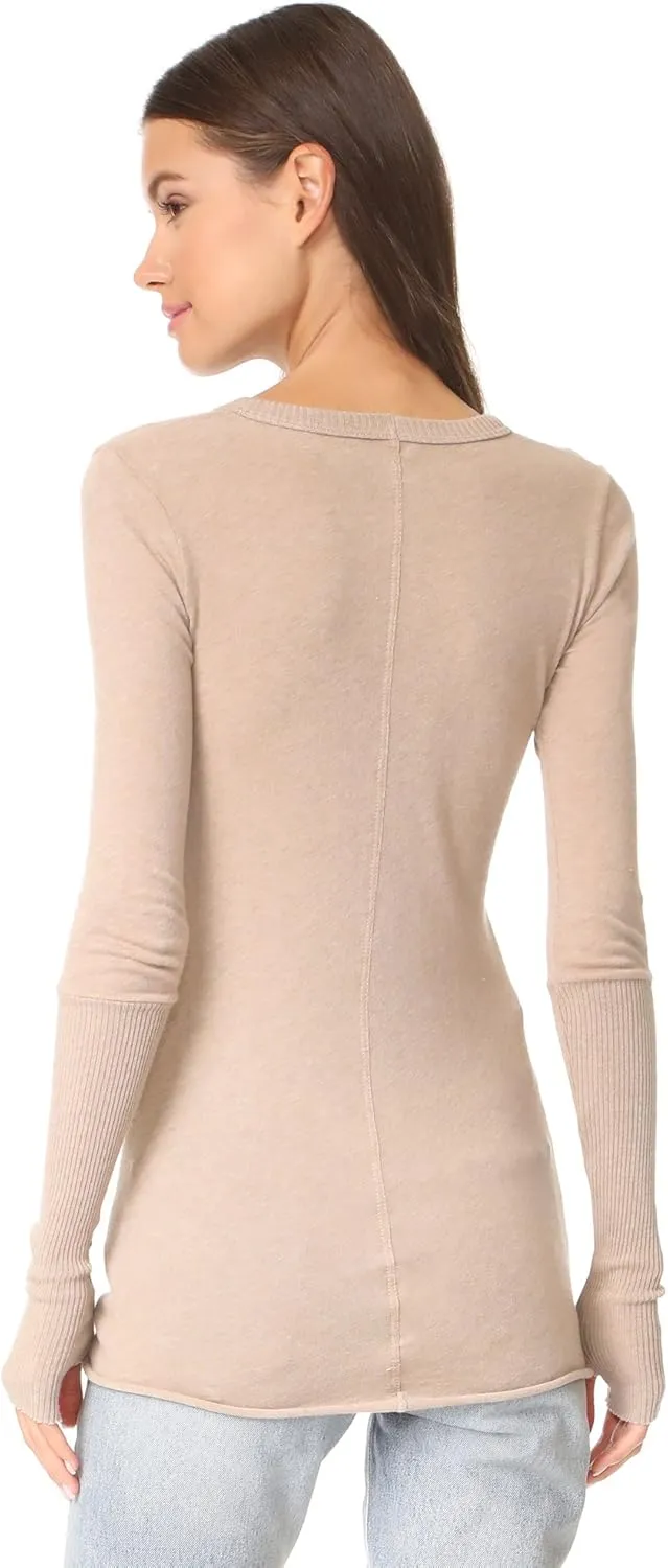 Enza Costa Womens Cashmere Blend Cuffed V-Neck Top with Thumbholes