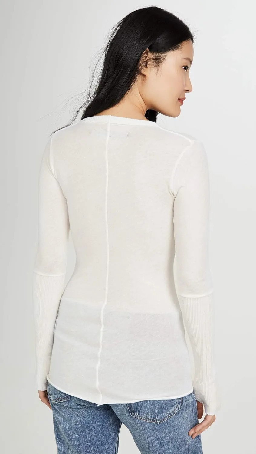 Enza Costa Womens Cashmere Blend Cuffed V-Neck Top with Thumbholes