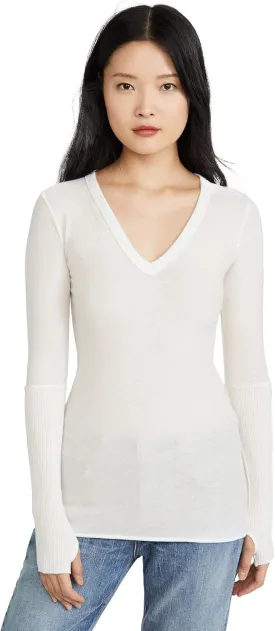 Enza Costa Womens Cashmere Blend Cuffed V-Neck Top with Thumbholes