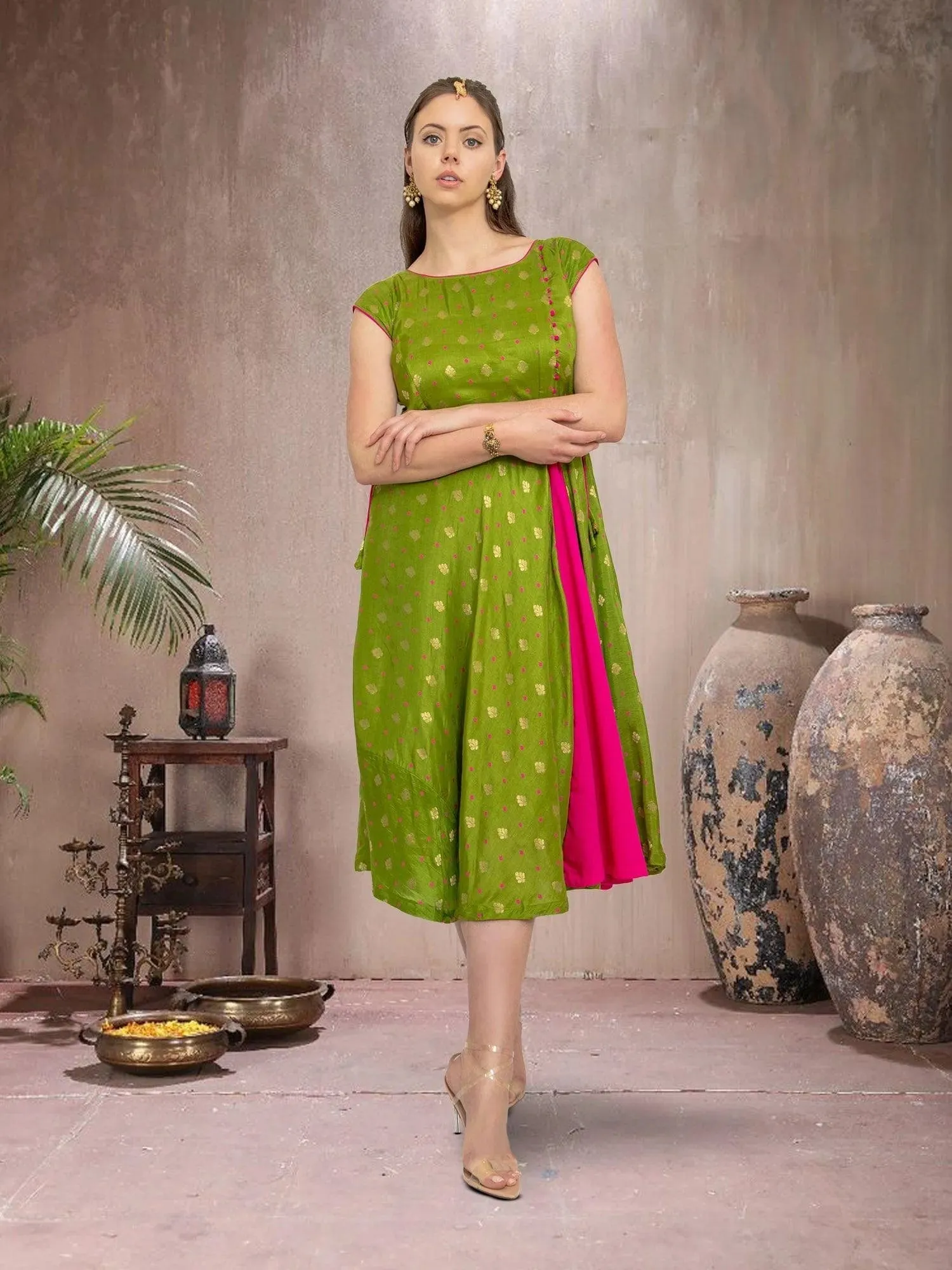 EthnoChic - Green & Pink Silk Knee Length Dress