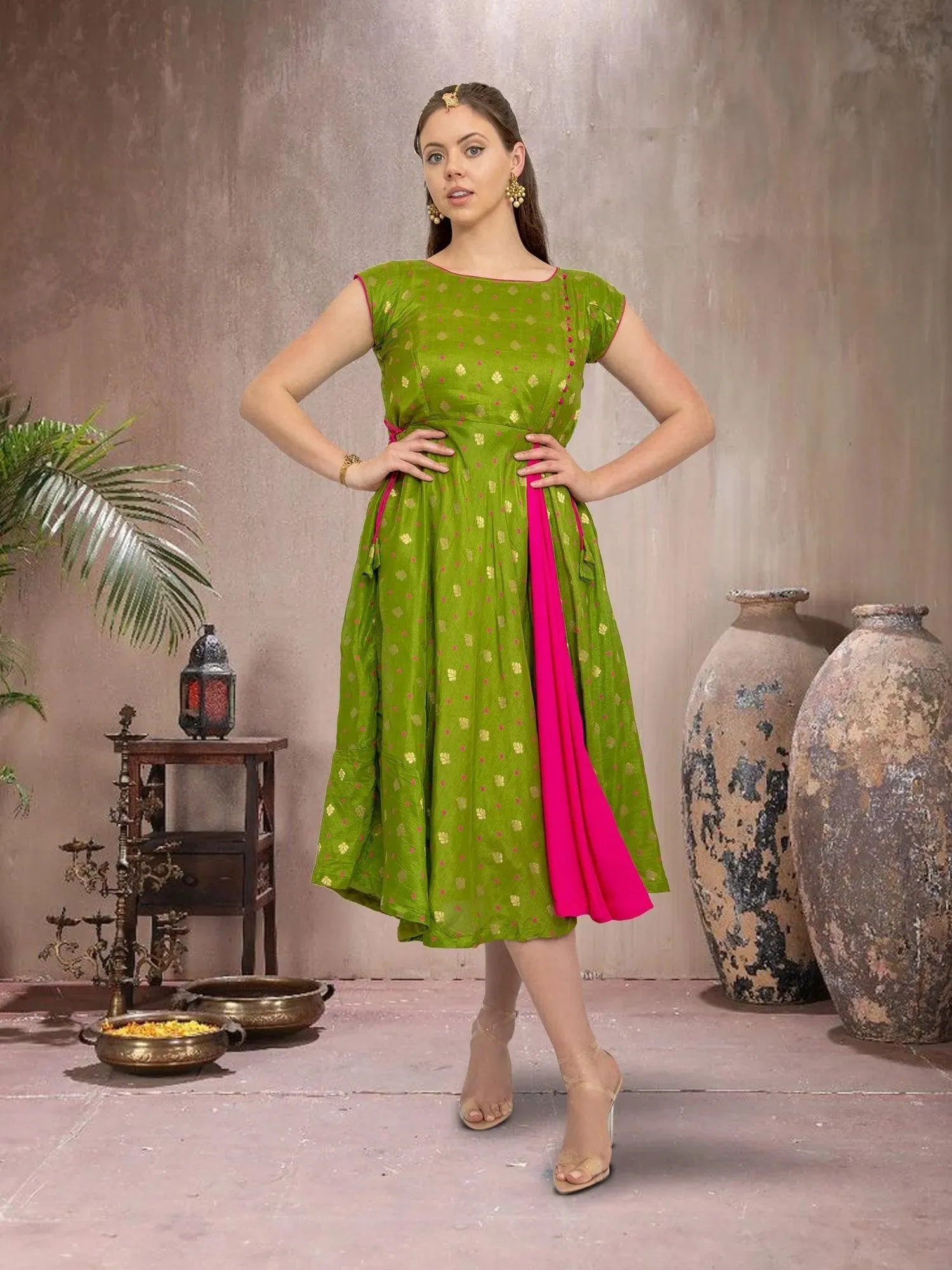 EthnoChic - Green & Pink Silk Knee Length Dress