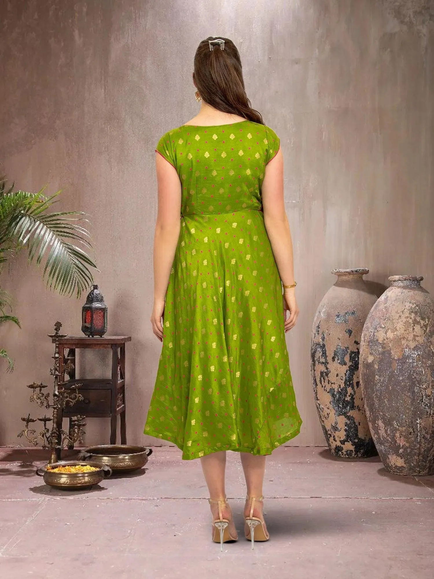 EthnoChic - Green & Pink Silk Knee Length Dress