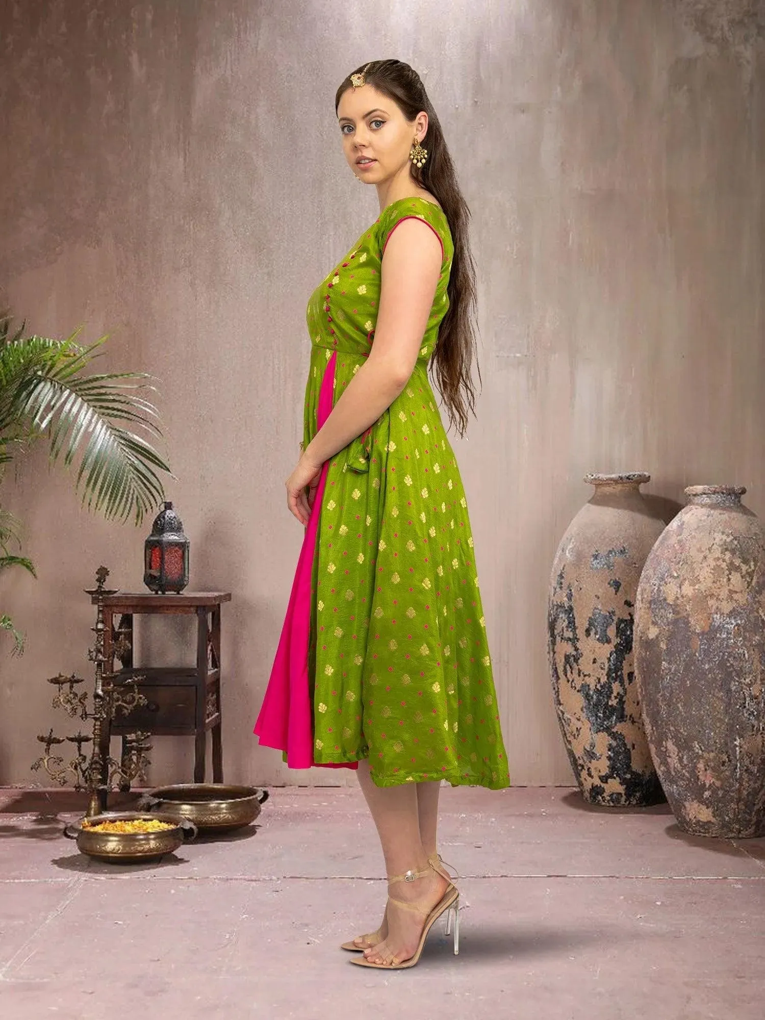 EthnoChic - Green & Pink Silk Knee Length Dress