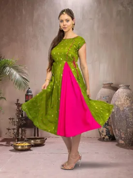 EthnoChic - Green & Pink Silk Knee Length Dress