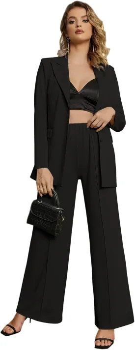 EXTRO&VERT Women Suit Two Pieces Outfit Long Sleeve Business Casual Blazer Jacket with Wide Leg Pant Suit Set for Work