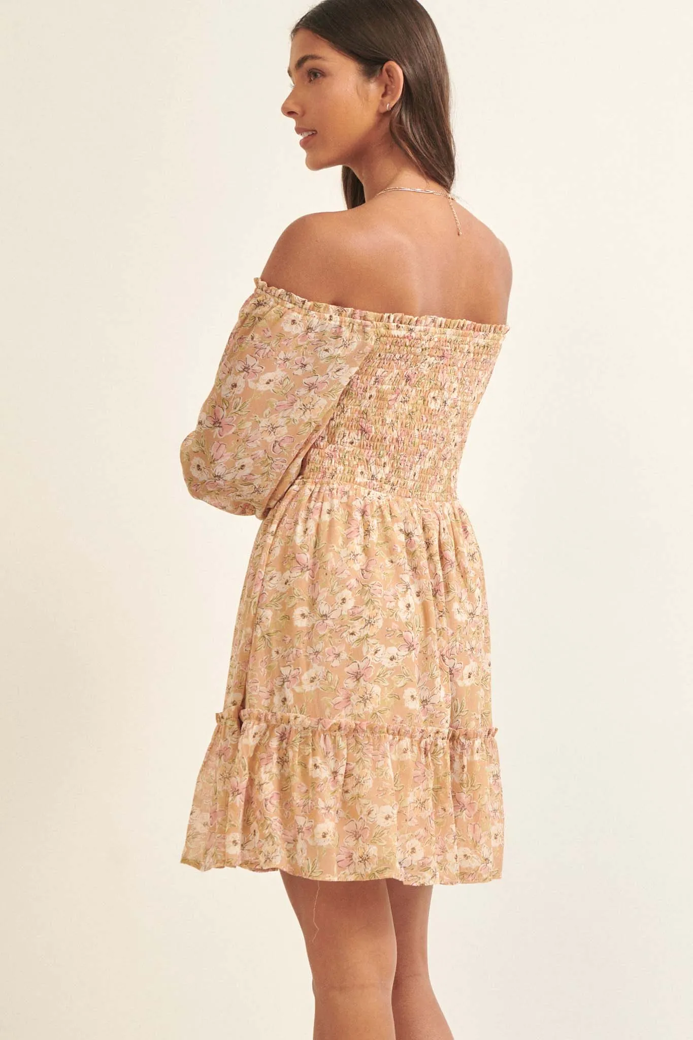 Floral Flourish Chiffon Off-Shoulder Mini Dress