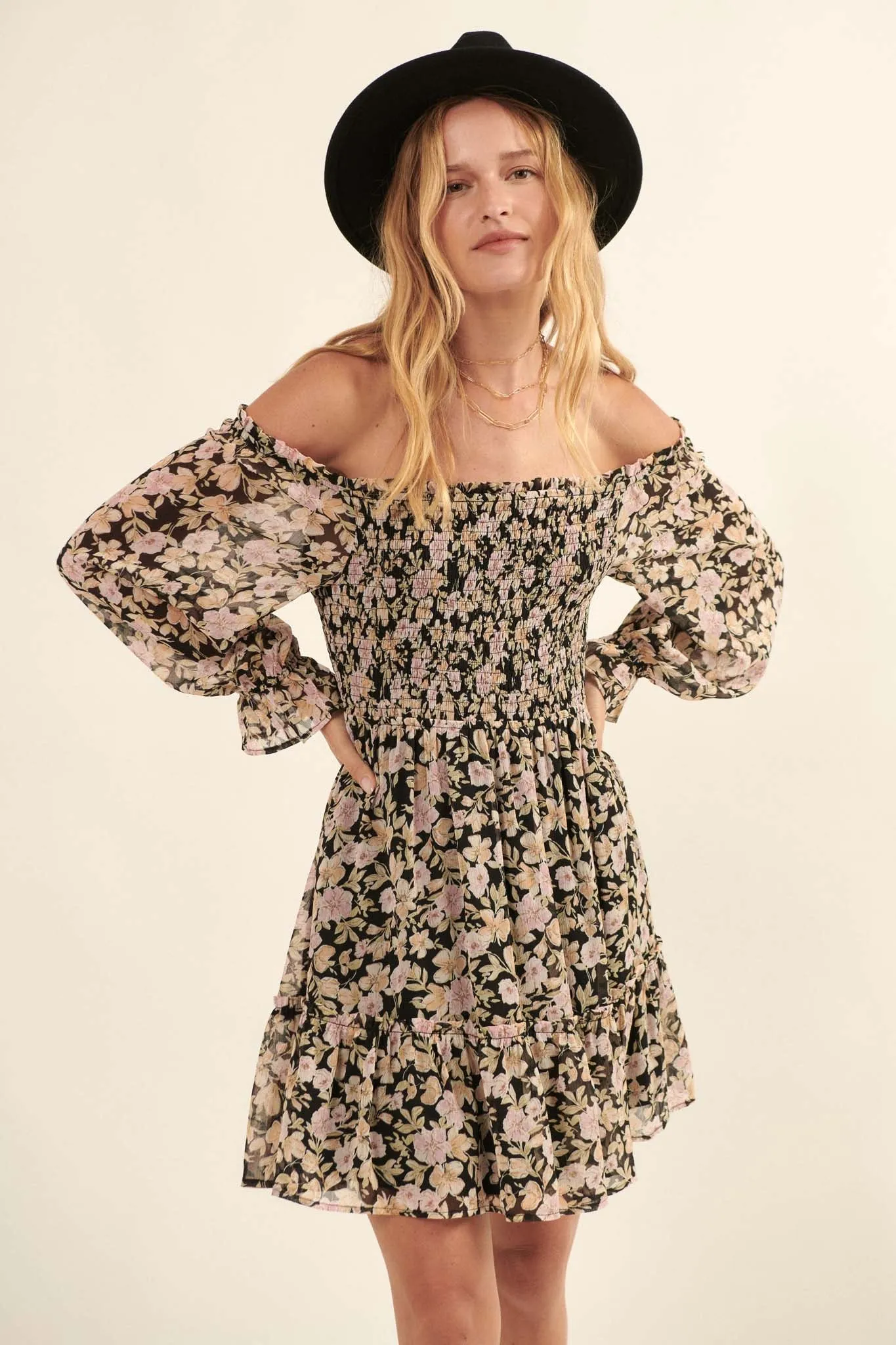 Floral Flourish Chiffon Off-Shoulder Mini Dress