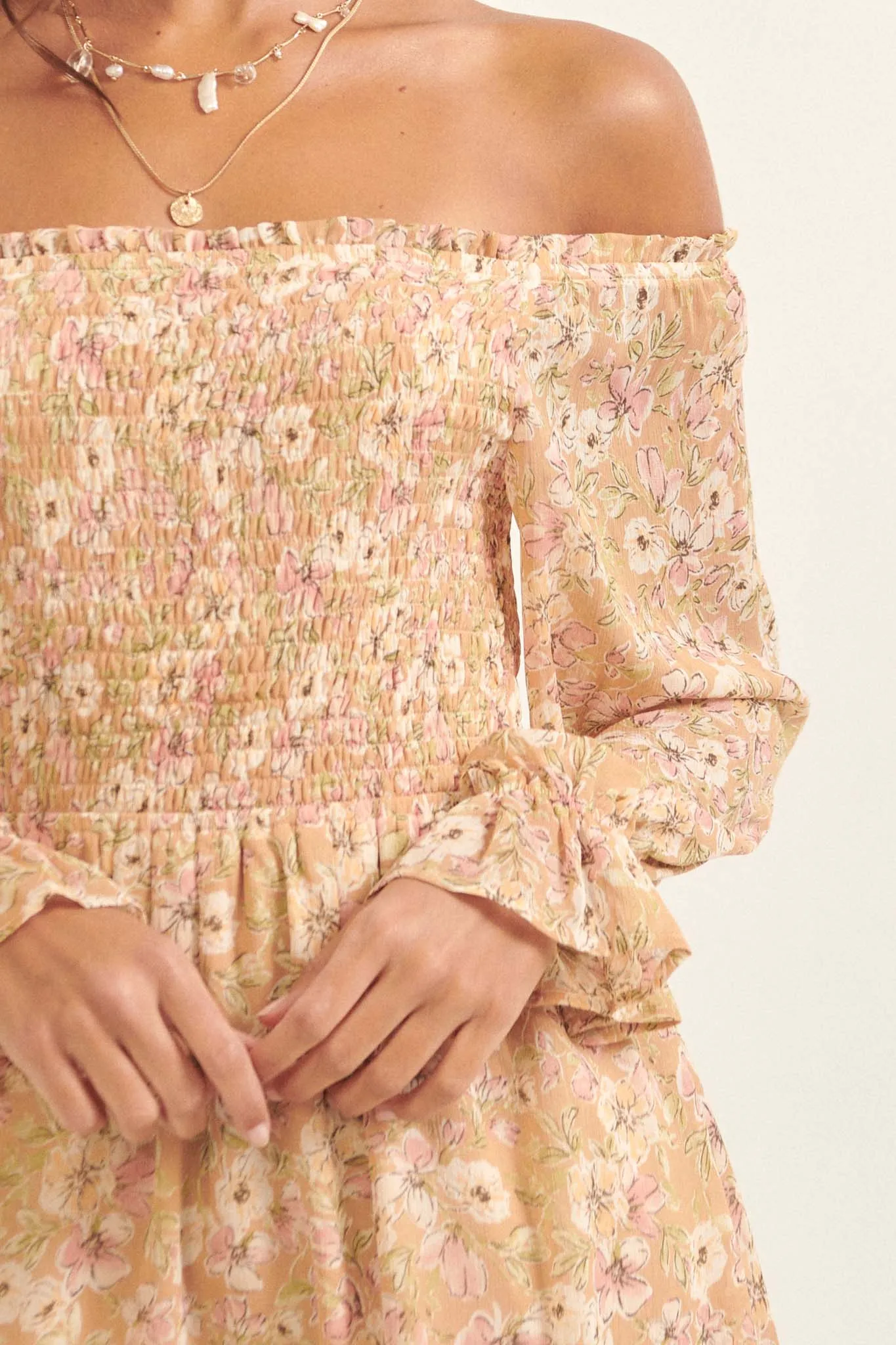 Floral Flourish Chiffon Off-Shoulder Mini Dress