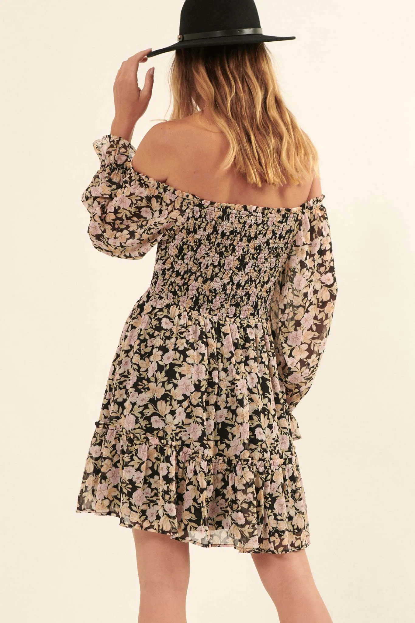Floral Flourish Chiffon Off-Shoulder Mini Dress