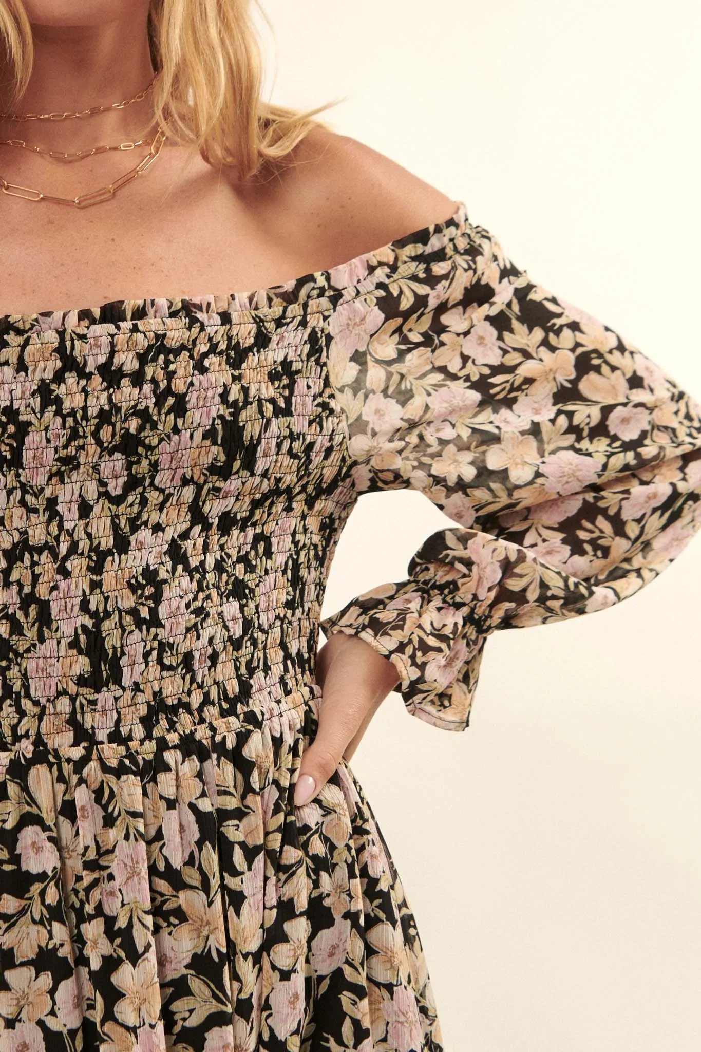 Floral Flourish Chiffon Off-Shoulder Mini Dress