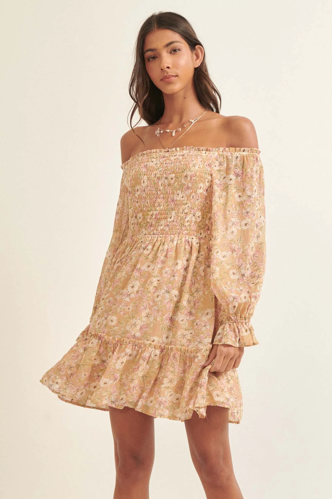 Floral Flourish Chiffon Off-Shoulder Mini Dress