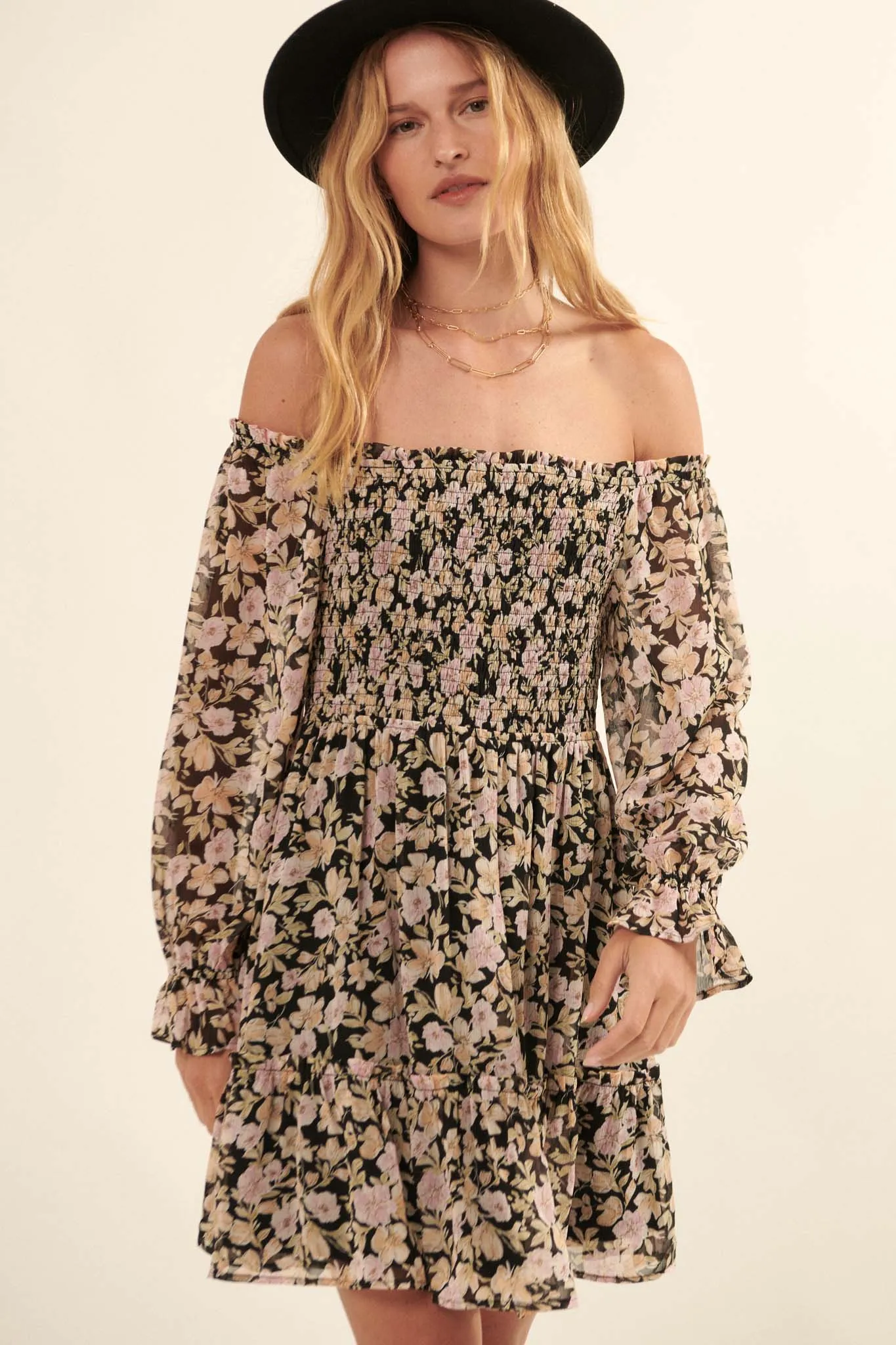 Floral Flourish Chiffon Off-Shoulder Mini Dress