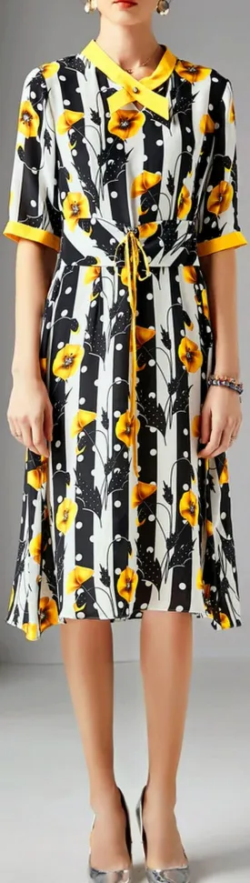 Floral Stripe Printed Silk Dress