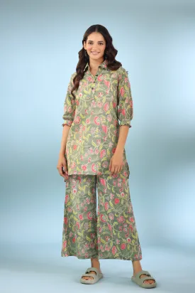 Floret Light Green Cotton Palazzo Loungewear Set