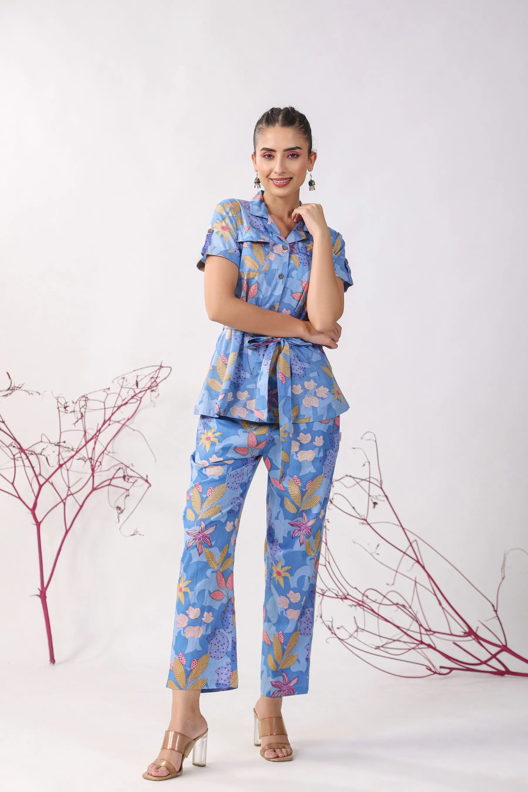 Flowers on Blue Cotton Loungewear Top Set