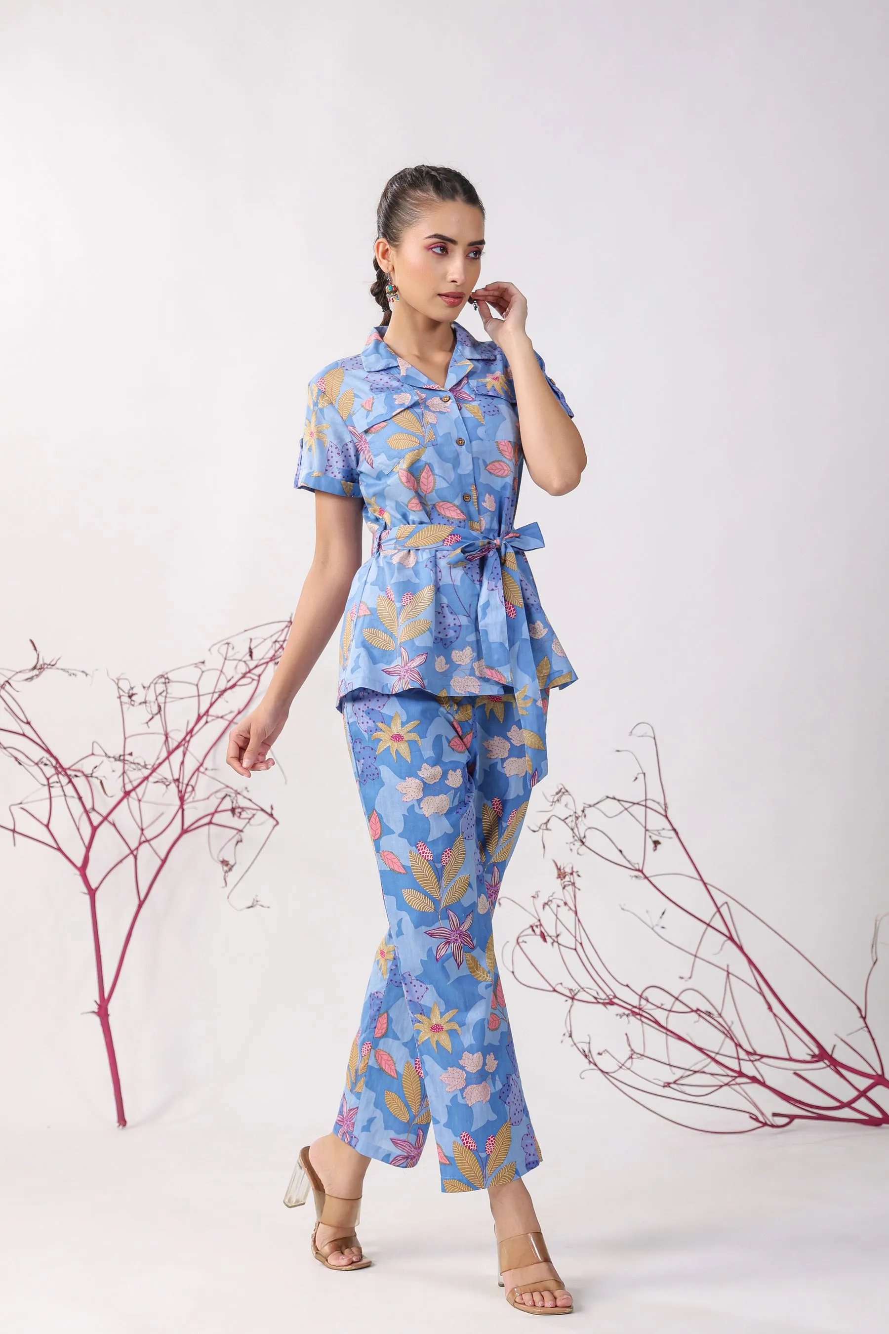 Flowers on Blue Cotton Loungewear Top Set