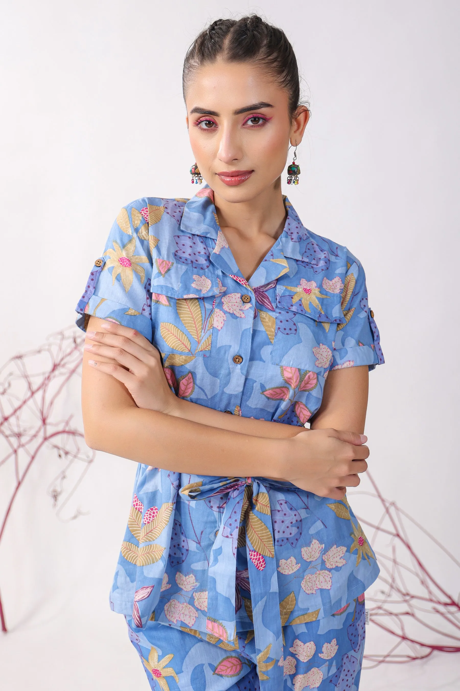 Flowers on Blue Cotton Loungewear Top Set