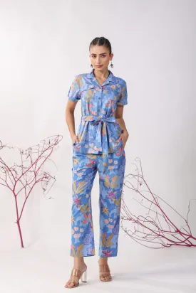 Flowers on Blue Cotton Loungewear Top Set
