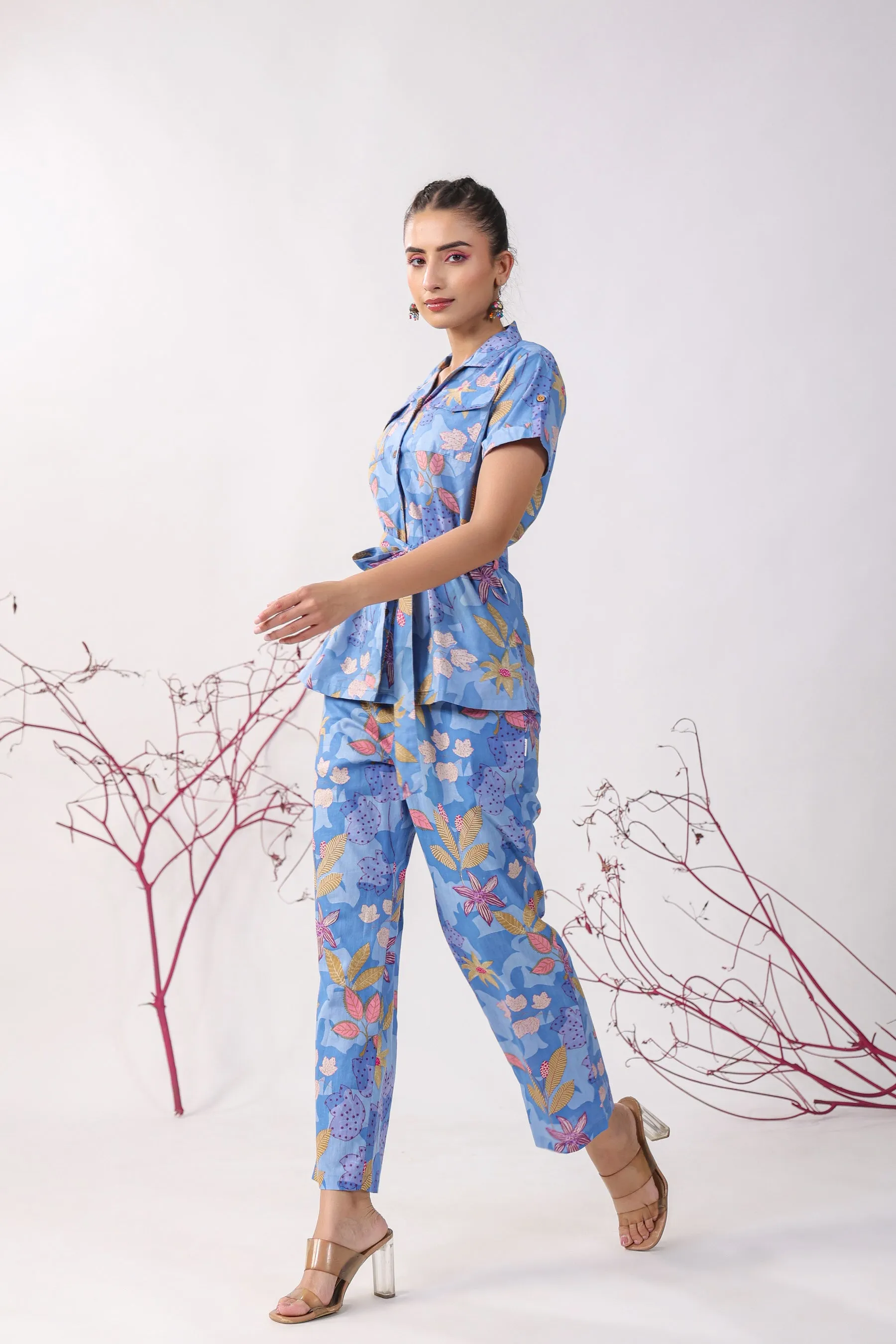 Flowers on Blue Cotton Loungewear Top Set