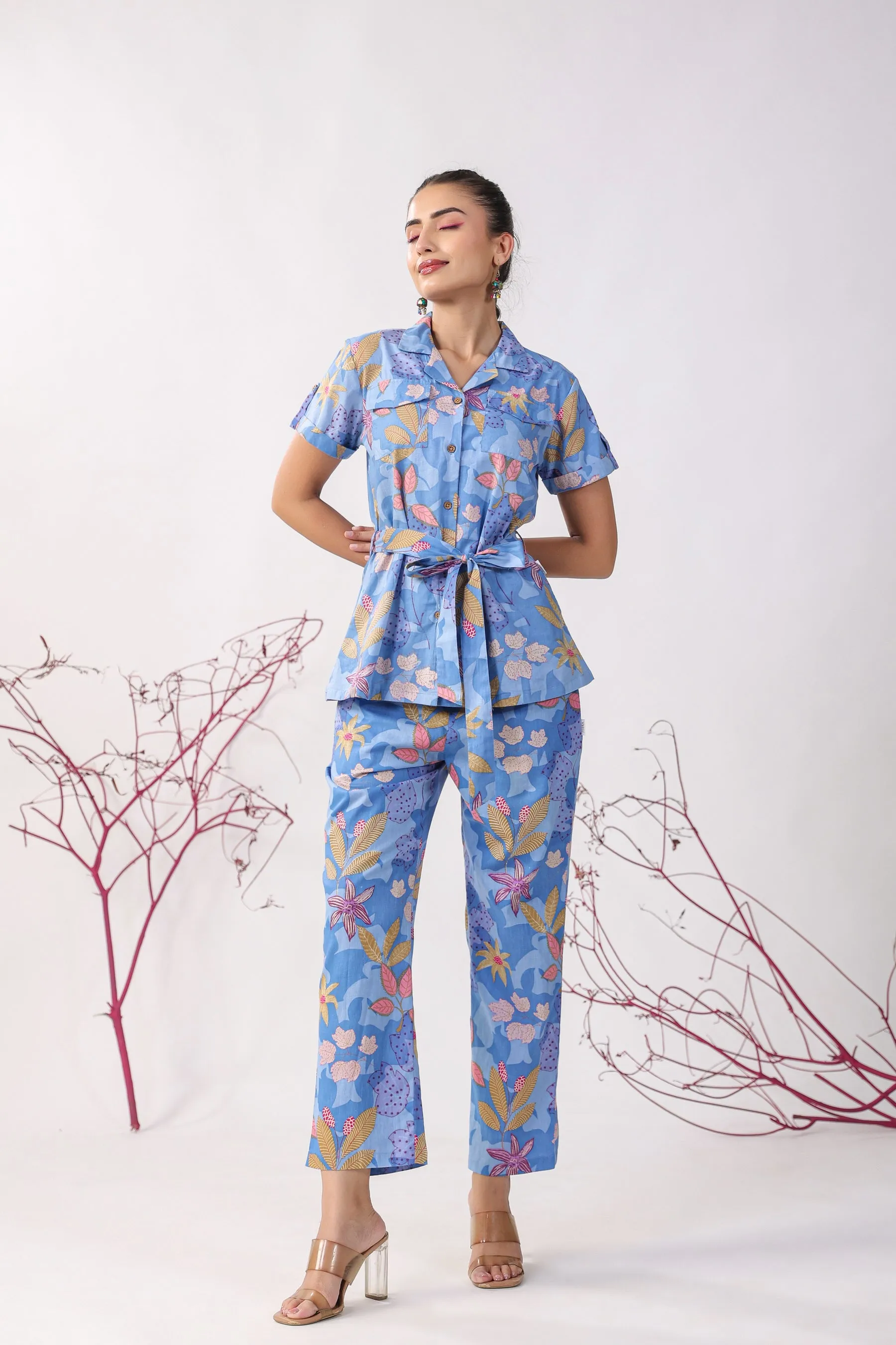 Flowers on Blue Cotton Loungewear Top Set