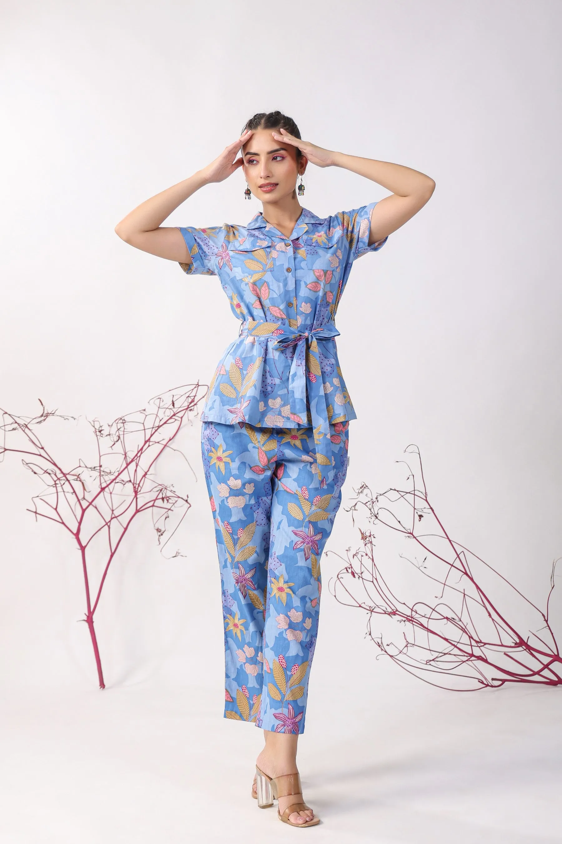 Flowers on Blue Cotton Loungewear Top Set