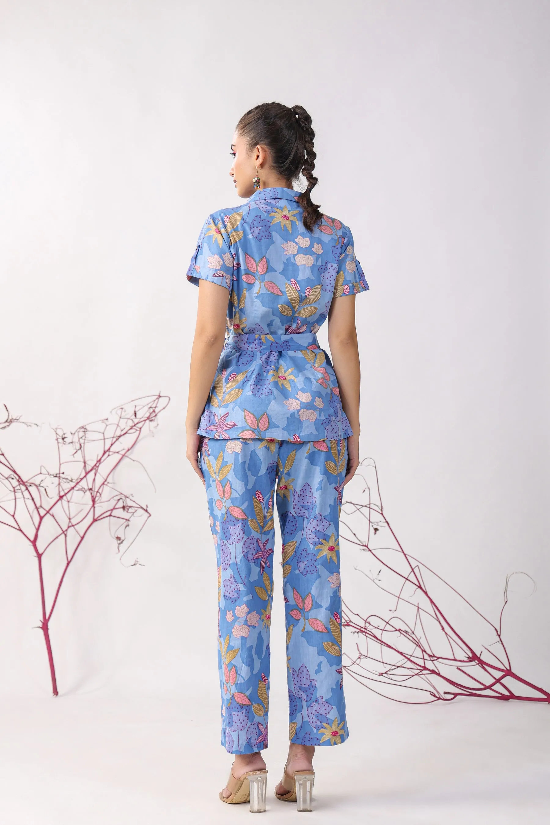 Flowers on Blue Cotton Loungewear Top Set