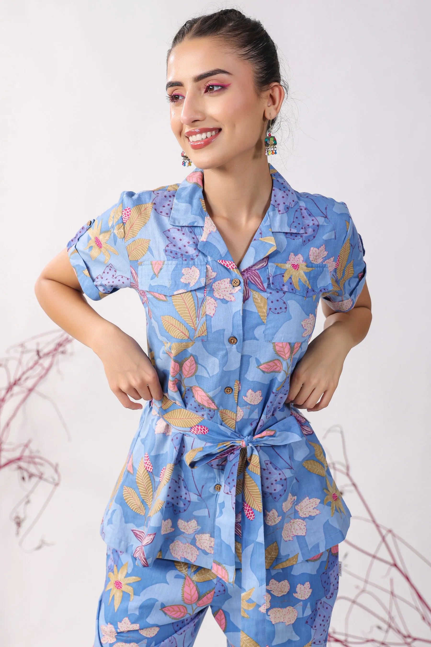 Flowers on Blue Cotton Loungewear Top Set