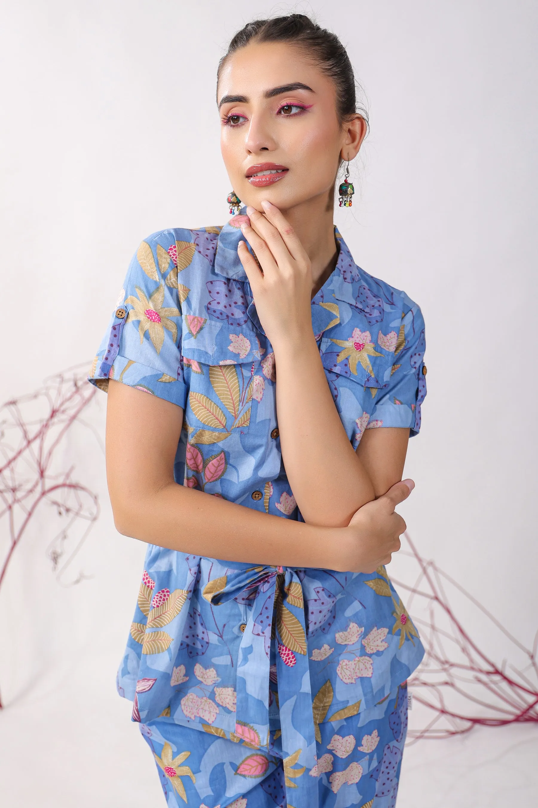 Flowers on Blue Cotton Loungewear Top Set