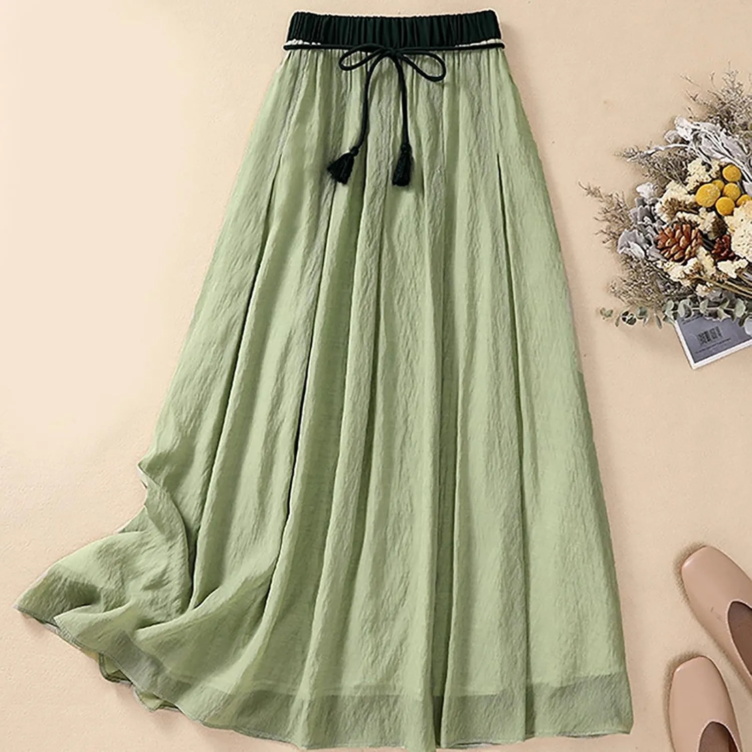 Flowy Cotton Linen Skirt for Women High Waist Drawstring Maxi Skirts Lightweight Casual Boho Skirt Clothes