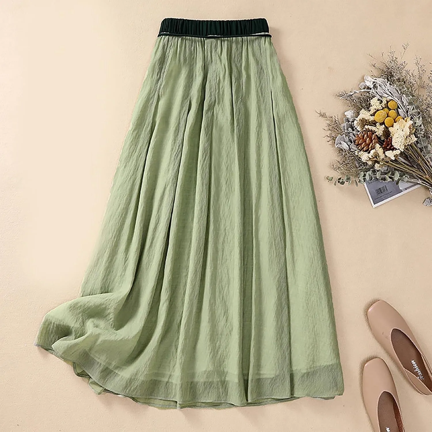 Flowy Cotton Linen Skirt for Women High Waist Drawstring Maxi Skirts Lightweight Casual Boho Skirt Clothes