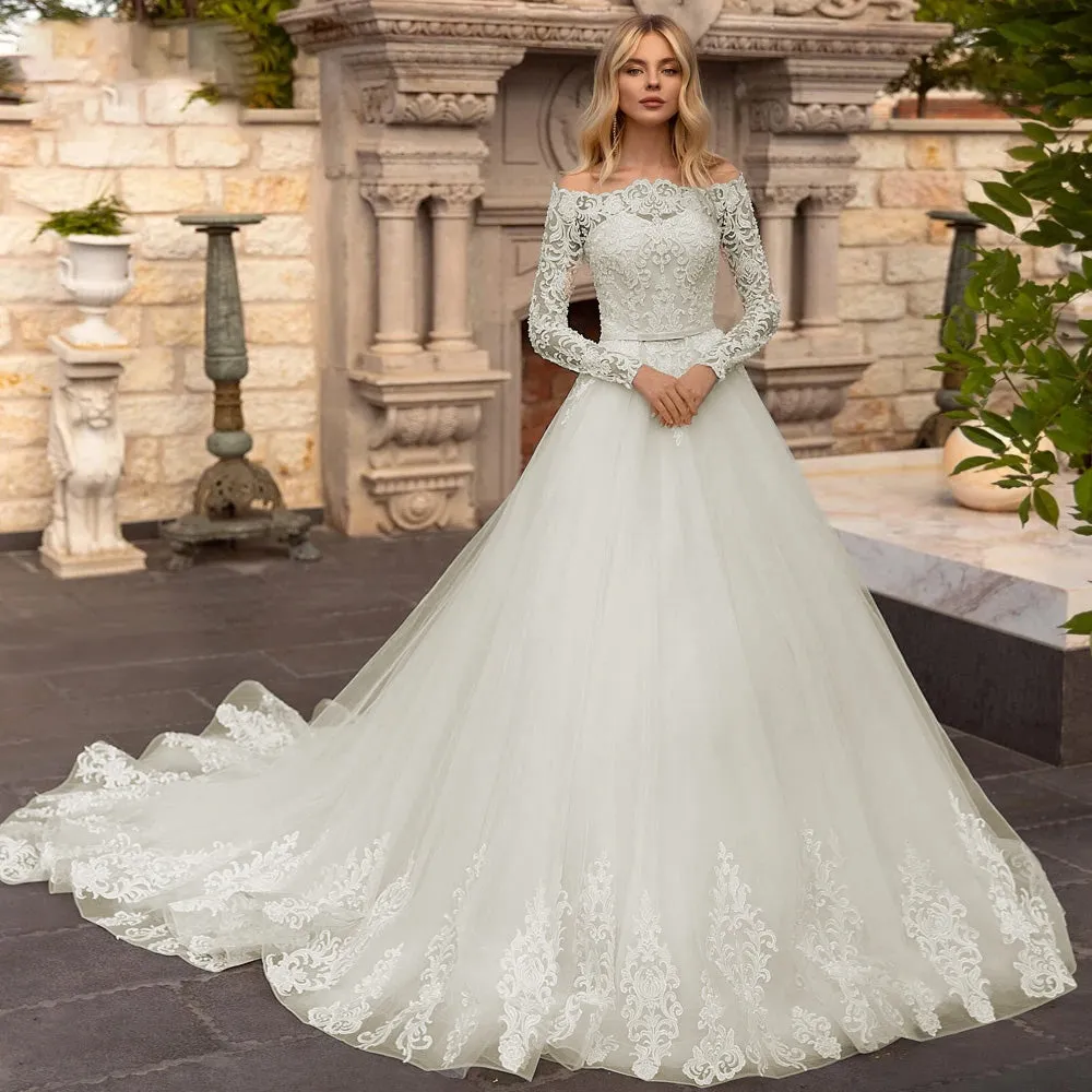 Fmogl Sexy Boat Neck Long Sleeve Lace Vintage Wedding Dresses Luxury Appliques Beaded Belt Court Train A Line Bridal Gown