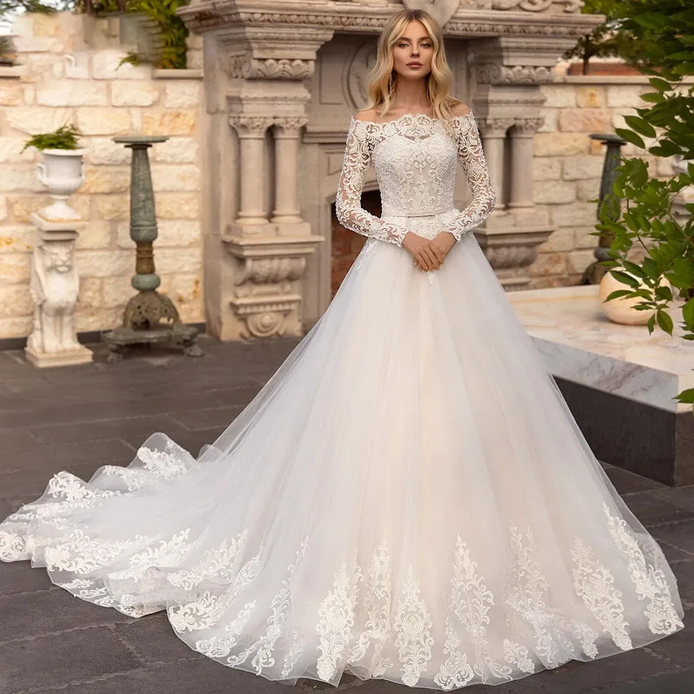 Fmogl Sexy Boat Neck Long Sleeve Lace Vintage Wedding Dresses Luxury Appliques Beaded Belt Court Train A Line Bridal Gown