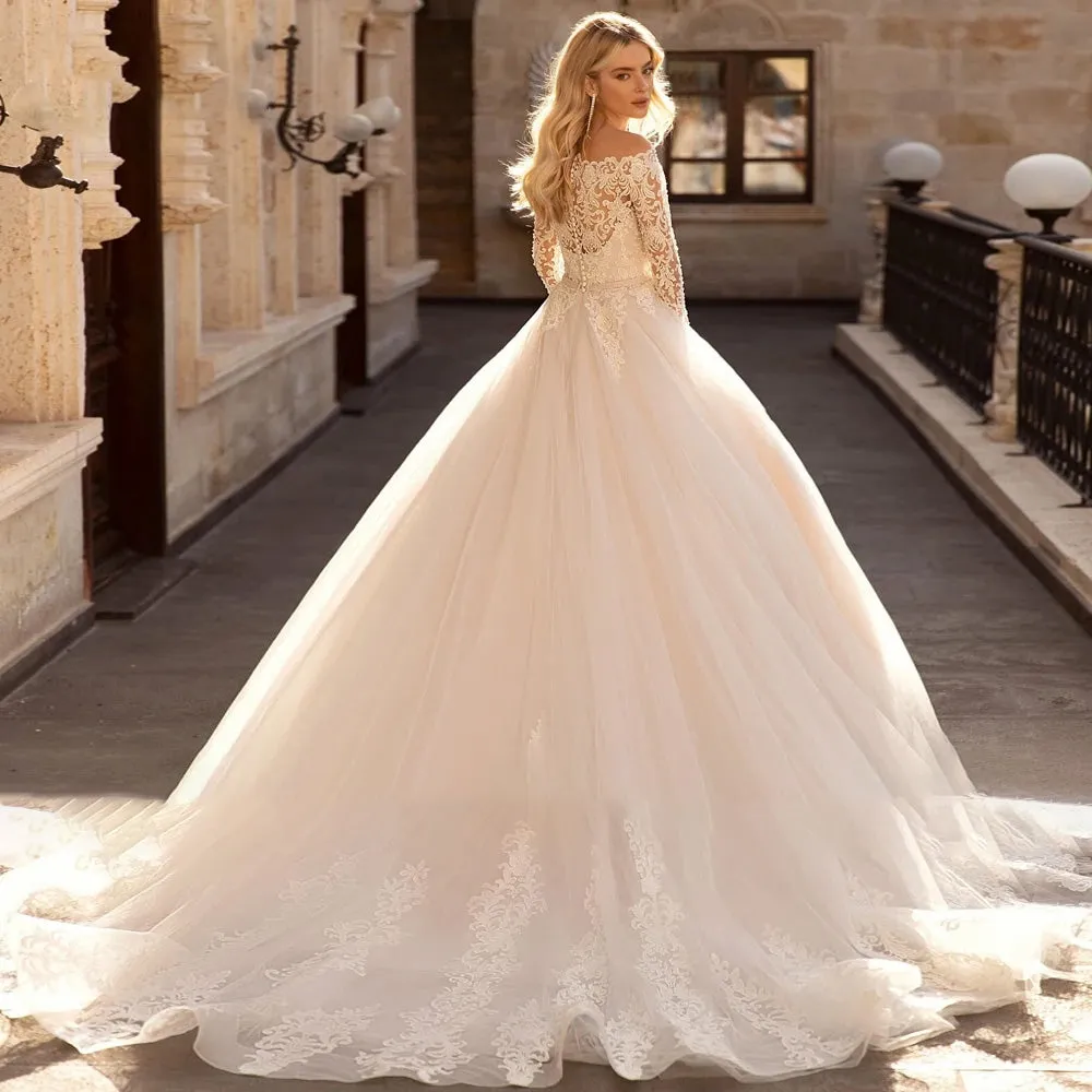 Fmogl Sexy Boat Neck Long Sleeve Lace Vintage Wedding Dresses Luxury Appliques Beaded Belt Court Train A Line Bridal Gown
