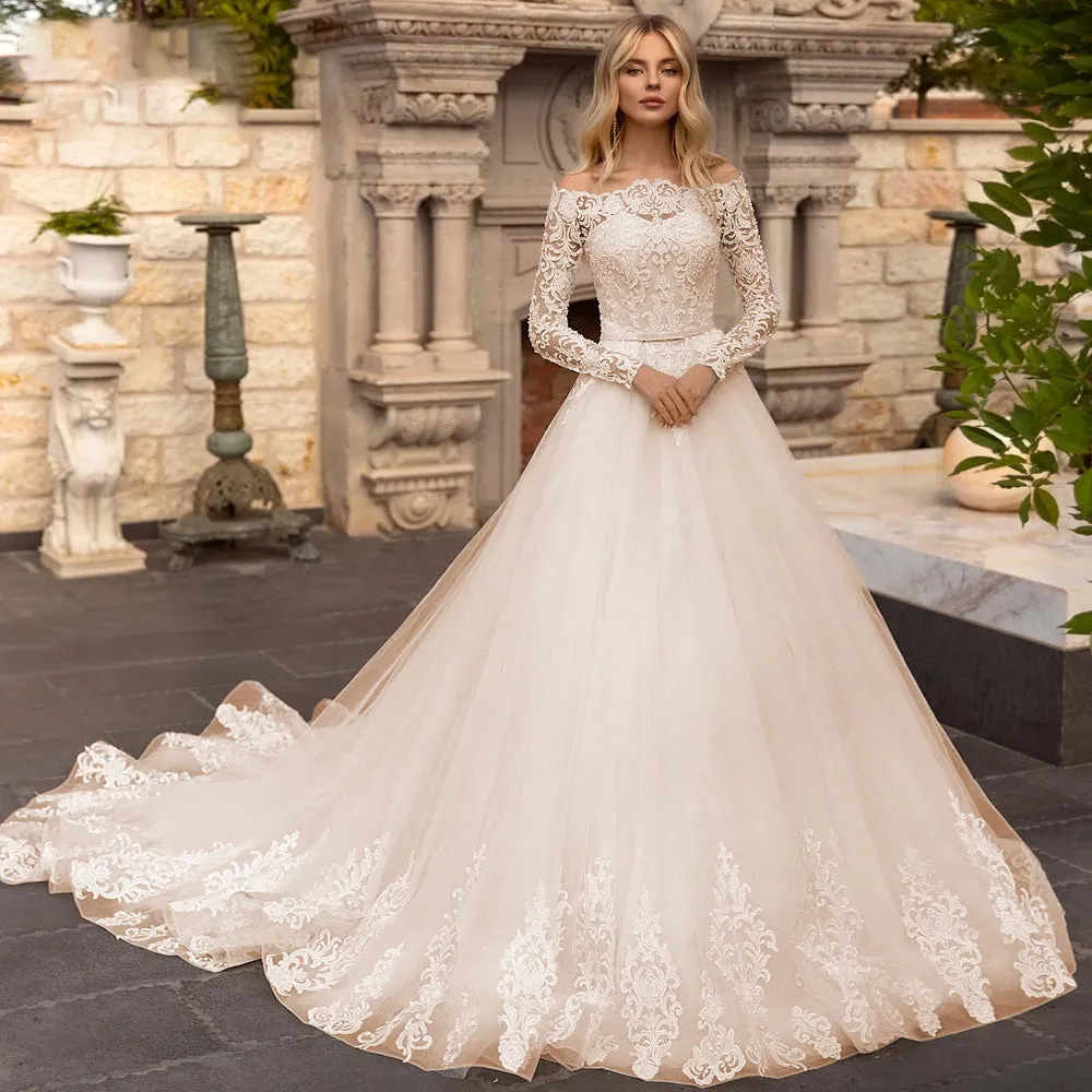 Fmogl Sexy Boat Neck Long Sleeve Lace Vintage Wedding Dresses Luxury Appliques Beaded Belt Court Train A Line Bridal Gown