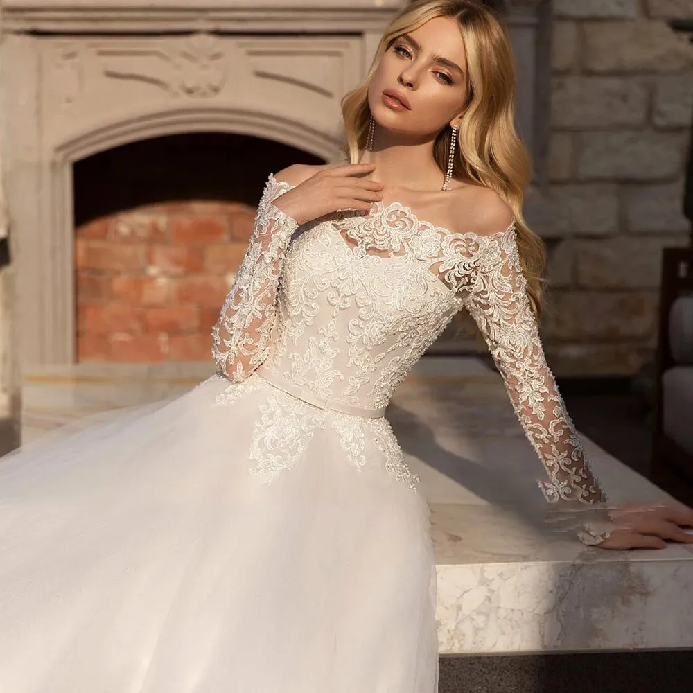 Fmogl Sexy Boat Neck Long Sleeve Lace Vintage Wedding Dresses Luxury Appliques Beaded Belt Court Train A Line Bridal Gown