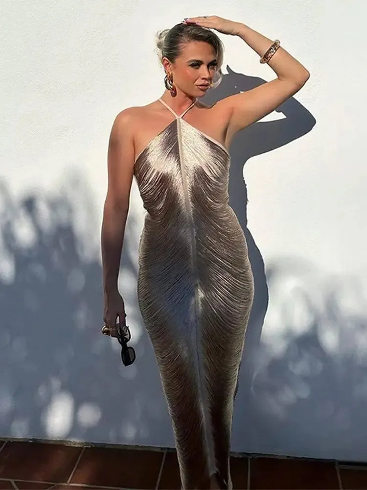 Fringe Detail Halter Maxi Dress