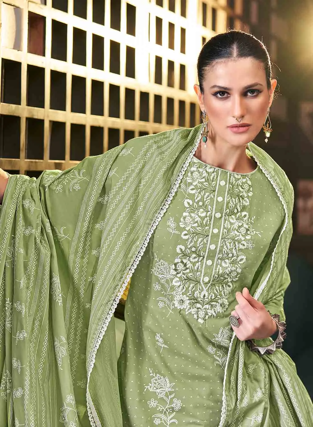 Green Pure Lawn Cotton Unstitched Salwar Suit Material for Women