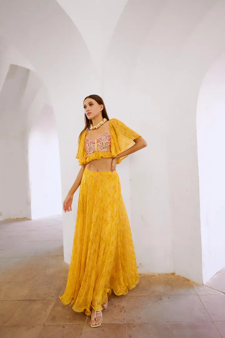 Gulbahar Marigold yellow  jugnu sitara butterfly blouse with flair skirt set.