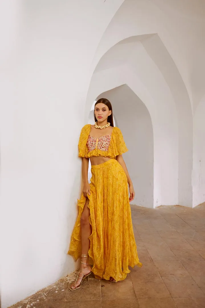 Gulbahar Marigold yellow  jugnu sitara butterfly blouse with flair skirt set.
