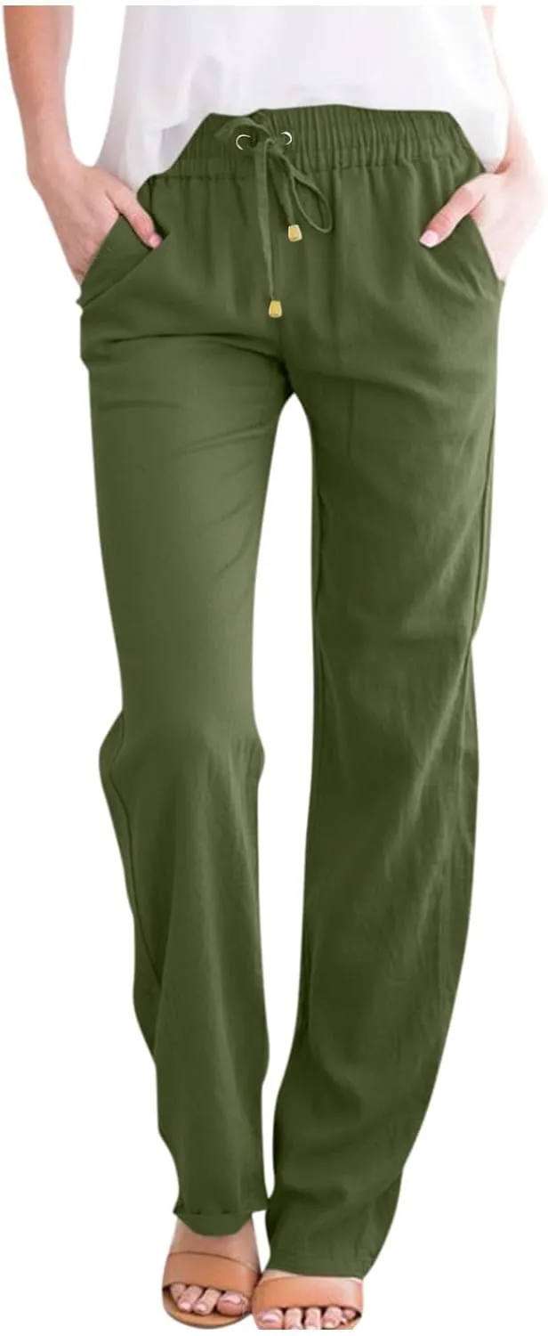 Gumipy Womens Casual Linen Pants Drawstring High Waisted Straight Leg Trousers Pants Trendy Loose Lounge Pants with Pockets